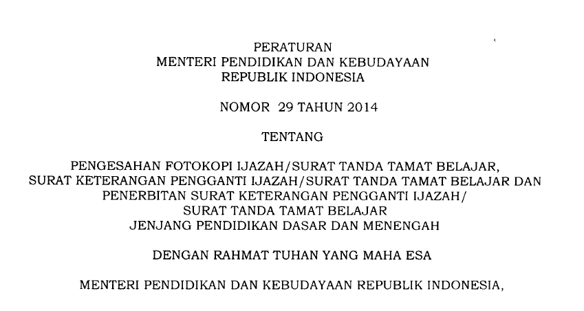 Permendikbud 29-2014 Fotokopi Ijazah Dikdasmen
